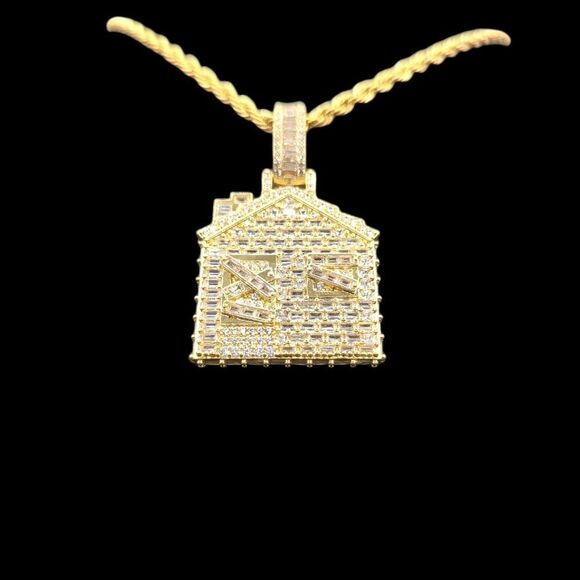 14K Yellow Gold Finish Baguette CZ Trap House - Free 24" x 3mm Rope Chain. - Picture 4 of 9